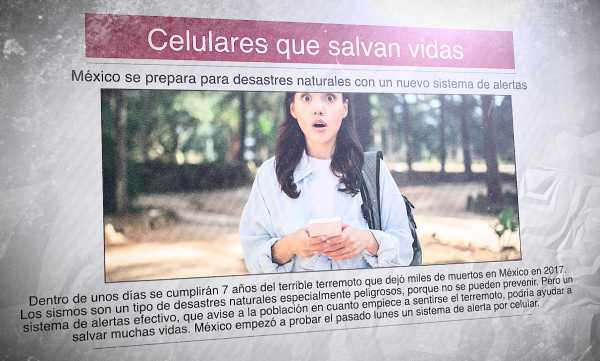 Un periódico en español con el titular "Celulares que salvan vidas" y la foto de una chica asustada