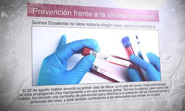 Un diario en español con el titular "Prevención frente a la viruela del mono" y la foto de un test positivo de Mpox