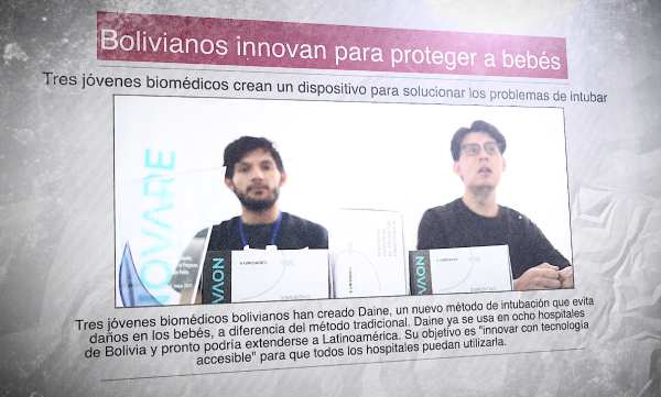 Un diario muestra la foto de dos jóvenes biomédicos y el titular: "Bolivianos innovan para proteger a bebés".