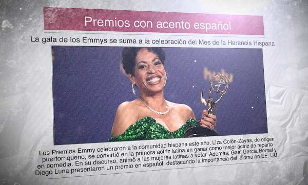 Un diario con la foto de la actriz Liza Colón-Zayas y el titular "Premios con acento español"