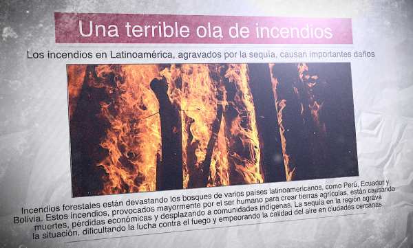 Un diario con la foto de un incendio forestal y el titular: "Una terrible ola de incendios"