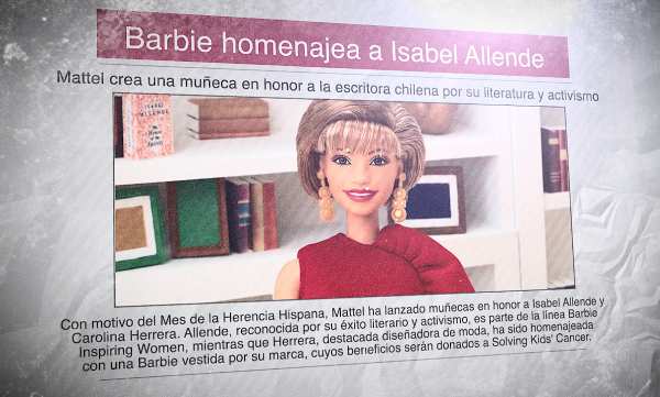 Un diario en español con la foto de la muñeca Barbie de Isabel Allende y el titular: "Barbie homenajea a Isabel Allende"