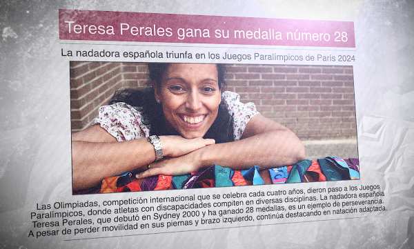 Un diario en español muestra una foto de la atleta paralímpica Teresa Perales con el titular: "Teresa Perales gana su medalla número 28"