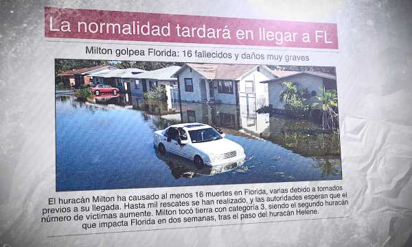 Un diario muestra la foto de una zona inundada tras un huracán y el titular "La normalidad tardará en llegar a FL"