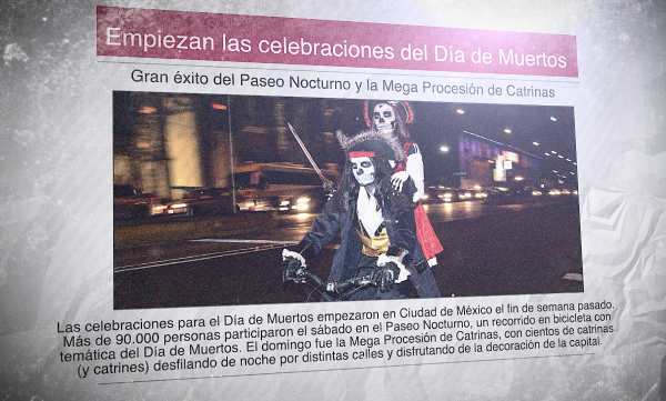 Un diario con la foto de dos personas disfrazadas de esqueleto y montando una bicicleta. El titular dice: "Empiezan las celebraciones del Día de Muertos"