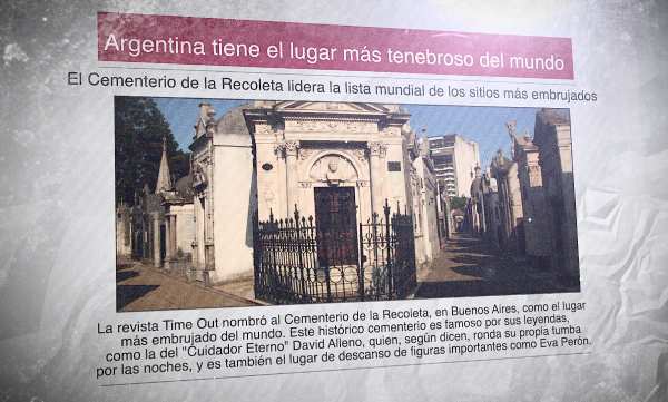 Un diario con la foto de un cementerio y el titular "Argentina tiene el lugar más tenebroso del mundo"