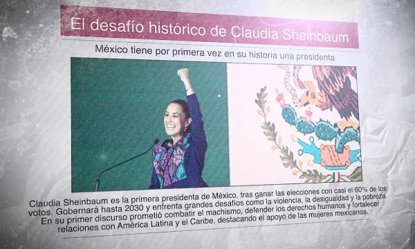 Un diario con una foro de Claudia Sheinbaum levantando el puño y con la bandera de México de fondo. El titular dice: "El desafío histórico de Claudia Sheinbaum"