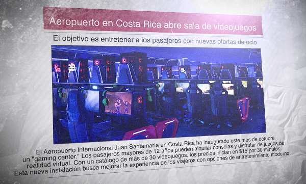 Un diario en español con una foto de un gaming center y el titular: "Aeropuerto en Costa Rica abre sala de videojuegos"