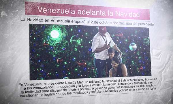 Un diario con la foto de una familia frente a un árbol de Navidad y el titular "Venezuela adelanta la Navidad"