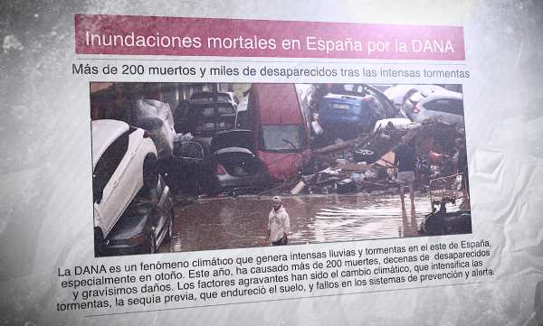 Un diario con la foto de una calle inundada con autos amontonados y gente contemplando el desastre. El titular del periódico dice: "Inundaciones mortales en España por la DANA"