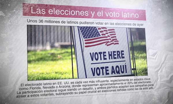 Un diario con el titular "Las elecciones y el voto latino" y una foto con una señal que dice "Vote here / Vote aquí"