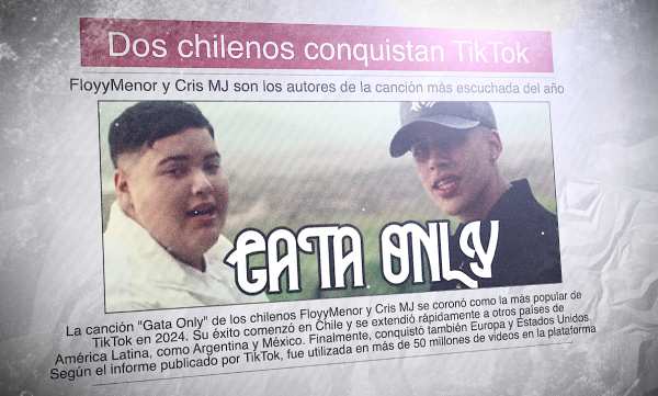 Un diario con la foto de los artistas FloyyMenor y Cris MJ y el titular "Dos chilenos conquistan TikTok"