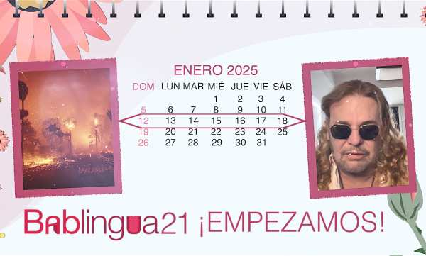 Un calendario del mes de enero de 2025 con una foto de un incendio y otra de uno de los miembros de la banda mexicana Maná