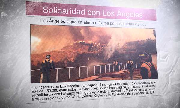 Un diario en español con la foto de un incendio y el titular: "Solidaridad con Los Ángeles"