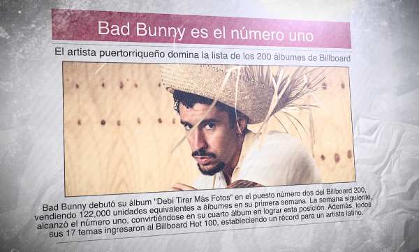 Un diario con una foto de Bad Bunny y el titular "Bad Bunny es el número uno"