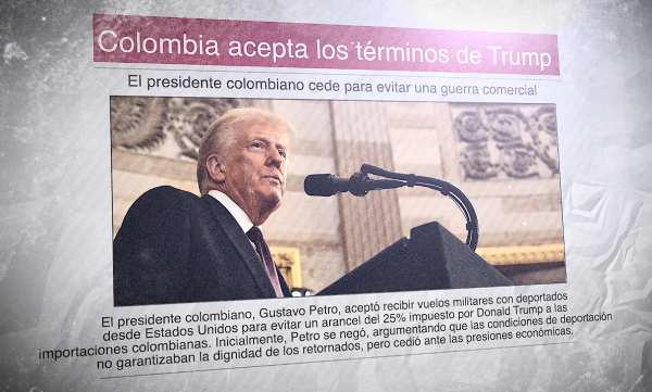 Un periódico con la imagen de Donald Trump y el titular "Colombia acepta los términos de Trump | 28 de enero 2025"