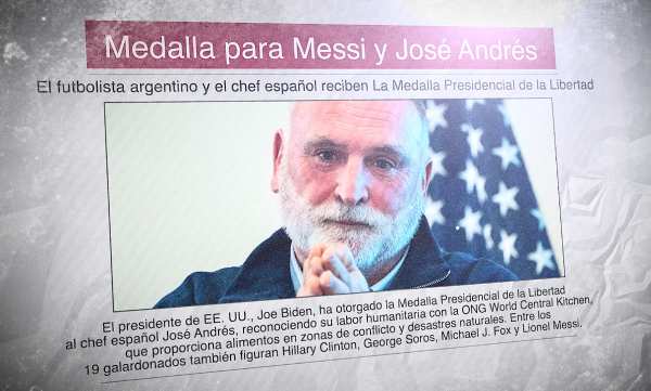 Un diario con una foto del chef español José Andrés y el titular "Medalla para Messi y José Andrés"