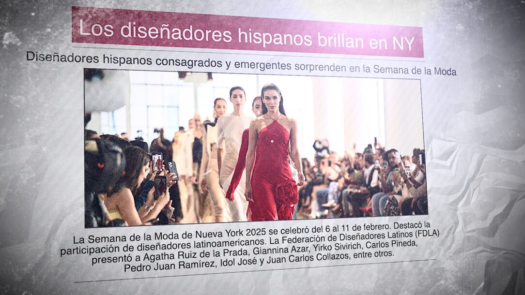 Un diario con la foto de una pasarela de modelos y el titular "Los diseñadores hispanos brillan en Nueva York"