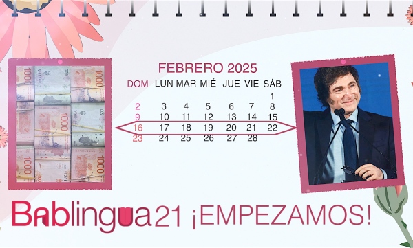 Un calendario con las fotos del presidente argentino, Javier Milei, y dinero de Argentina