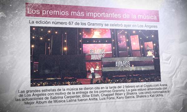 Un diario con una foto de la gala de los Grammy y el titular "Los premios más importantes de la música"