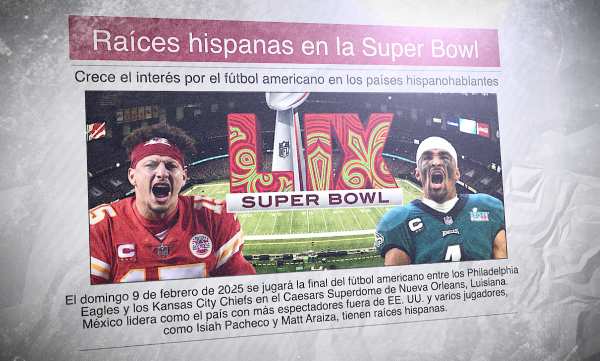 Un diario en español con la foto del cartel de la Super Bowl 2025 y el titular: "Raíces hispanas en la Super Bowl"