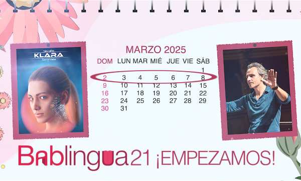 Un calendario del mes de marzo de 2025 con las fotos del compositor español Pedro Halffter y el cartel de su ópera Klara.