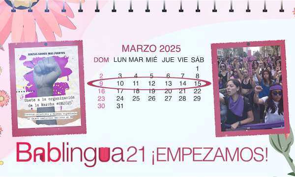 Un calendario del mes de marzo con una manifestación feminista y un cartel sobre el Día Internacional de la Mujer