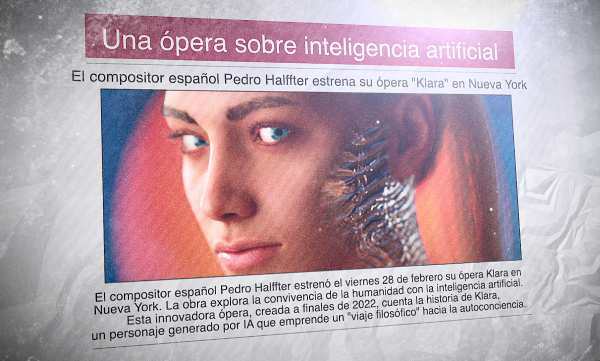 Un diario con la foto de una mujer creada con inteligencia artificial y el titular: "Una ópera sobre inteligencia artificial"