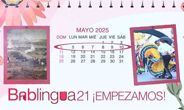 Un calendario del mes de mayo de 2025 con las imágenes de la celebración del Cinco de Mayo y la Batalla de Puebla