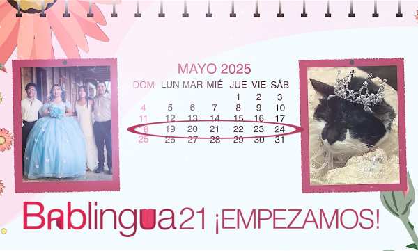 Un calendario del mes de mayo de 2025 con una foto de una fiesta de quinceañera y otra foto de un gato con una corona