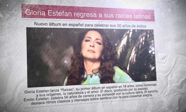 Un diario con la foto de la cantante Gloria Estefan y el titular: "Gloria Estefan regresa a sus raíces latinas"