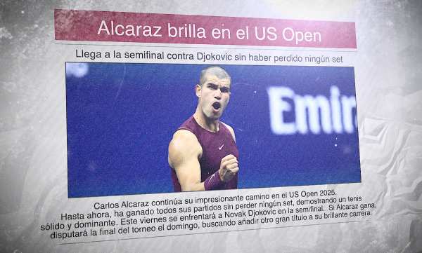 Un periódico en español con la foto del tenista Carlos Alcaraz y el titular: "Alcaraz brilla en el US Open"