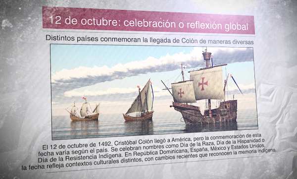 Un diario con la imagen de lo sbarcos españoles llegando por primera vez a América y el titular: "12 de octubre: celebración o reflexión global"