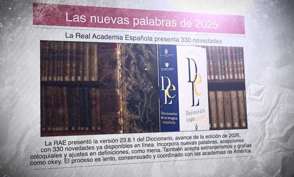 Un diario en español con una foto de un diccionario en español y el titular "Las nuevas palabras de 2025"