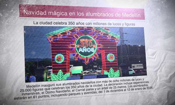 Un periódico con una foto de un alumbrado navideño y el titular: "Navidad mágica en los alumbrados de Medellín"