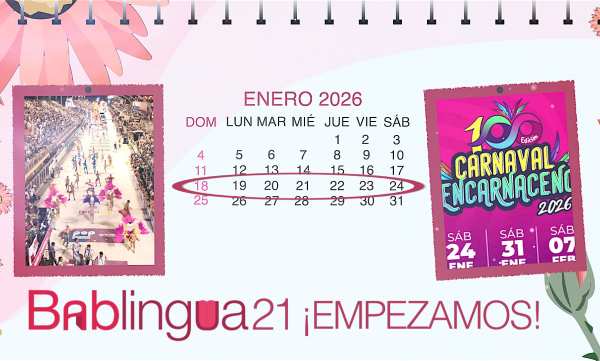 Un calendario del mes de enero de 2026 con imágenes del Carnaval Encarnaceno de Paraguay