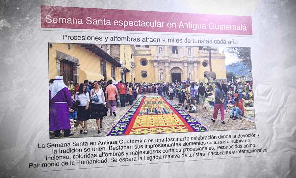 Un diario con una foto de una calle empedrada cubierta con una alfombra de colores y el titular "Semana Santa espectacular en Antigua Guatemala"