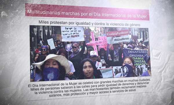 Un diario con una foto de una marcha del 8M en México y el titular "Multitudinarias marchas por el Día Internacional de la Mujer"