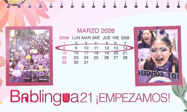 Un calendario del mes de marzo con dos imágenes de las marchas por el Día Internacional de la Mujer