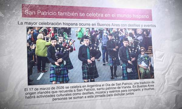 Un diario con una imagen del desfile del Día de San Patricio en Buenos Aires y el titular: "San Patricio también se celebra en el mundo hispano"