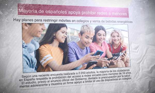 Un diario con una foto de un grupo de jóvenes utilizando sus celulares y el titular "Mayoría de españoles apoya prohibir redes a menores"