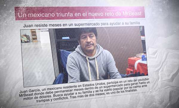 Un diario con la foto del concursante Juan García en un supermercado y el título: "Un mexicano triunfa en el nuevo reto de MrBeast"