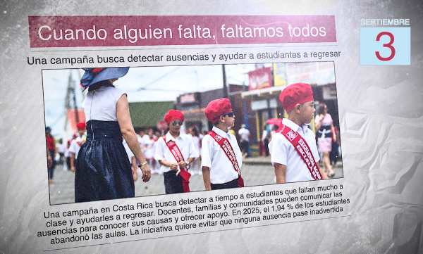 Un diario muestra la imagen de varios estudiantes de Costa Rica. El titular dice: "Cuando alguien falta, faltamos todos"