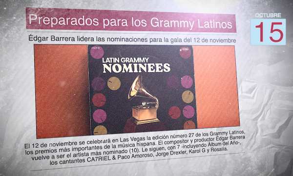 Un periódico muestra un disco de música titulado "Latin Grammy Nominees" y el titular "Preparados para los Grammy Latinos"
