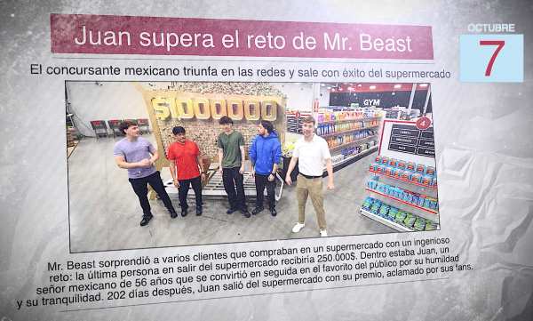 Un diario muestra una foro de Mr. Beast y cuatro concursantes en un supermercado y el titular "Juan supera el reto de Mr. Beast"
